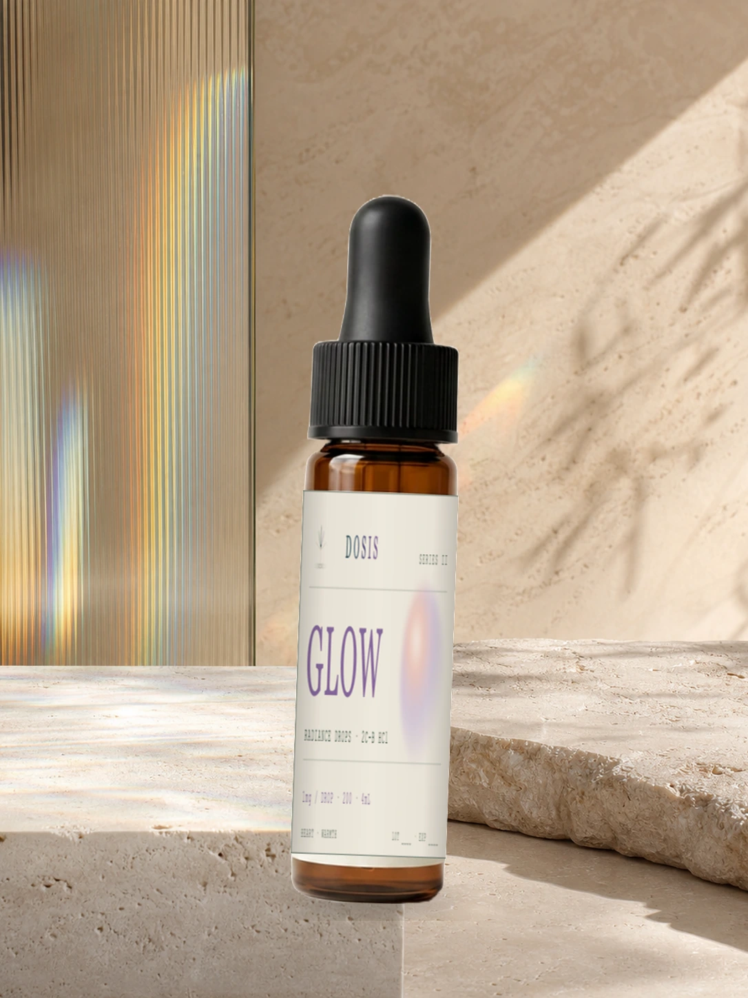 GLOW DOSIS Series II amber dropper vial with the current label design