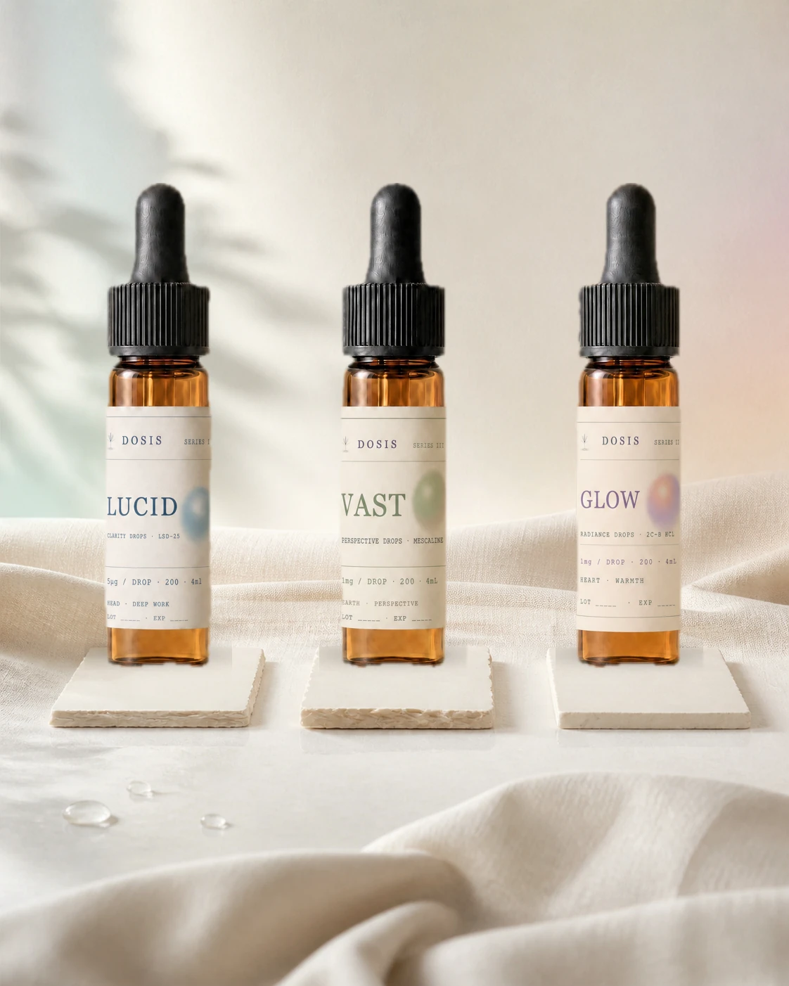 DOSIS LUCID, VAST, and GLOW 4mL vial collection with approved v6 labels