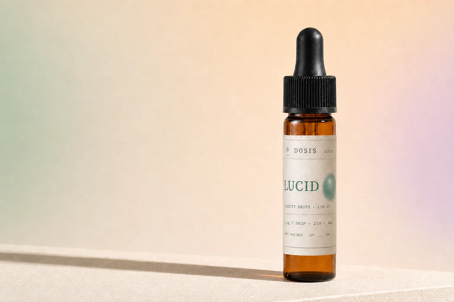 LUCID DOSIS Series I amber dropper vial in the current studio campaign
