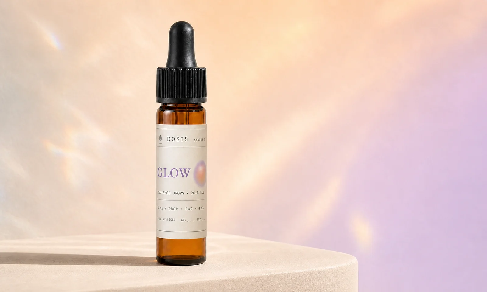 GLOW DOSIS Series II amber dropper vial in the current studio campaign