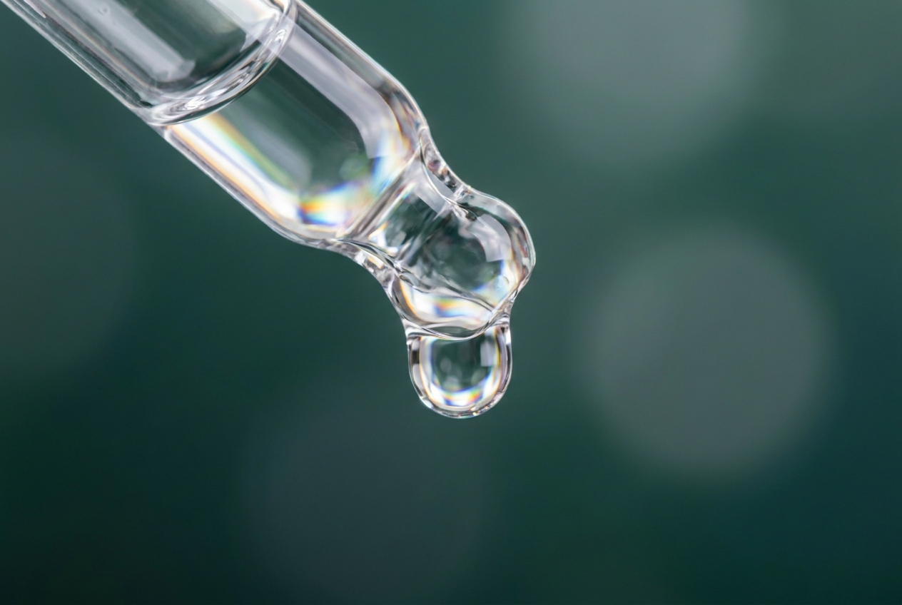 Clear glass dropper releasing a single clear droplet