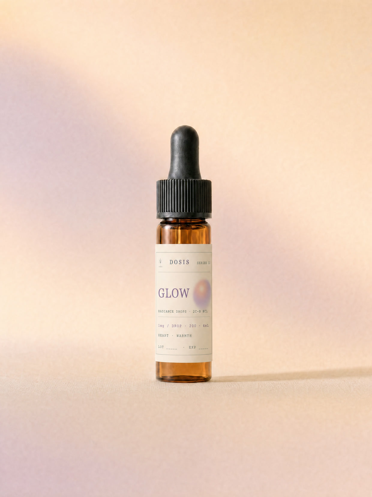 GLOW DOSIS Series II 4mL amber dropper vial with the approved v6 label and right-side orb