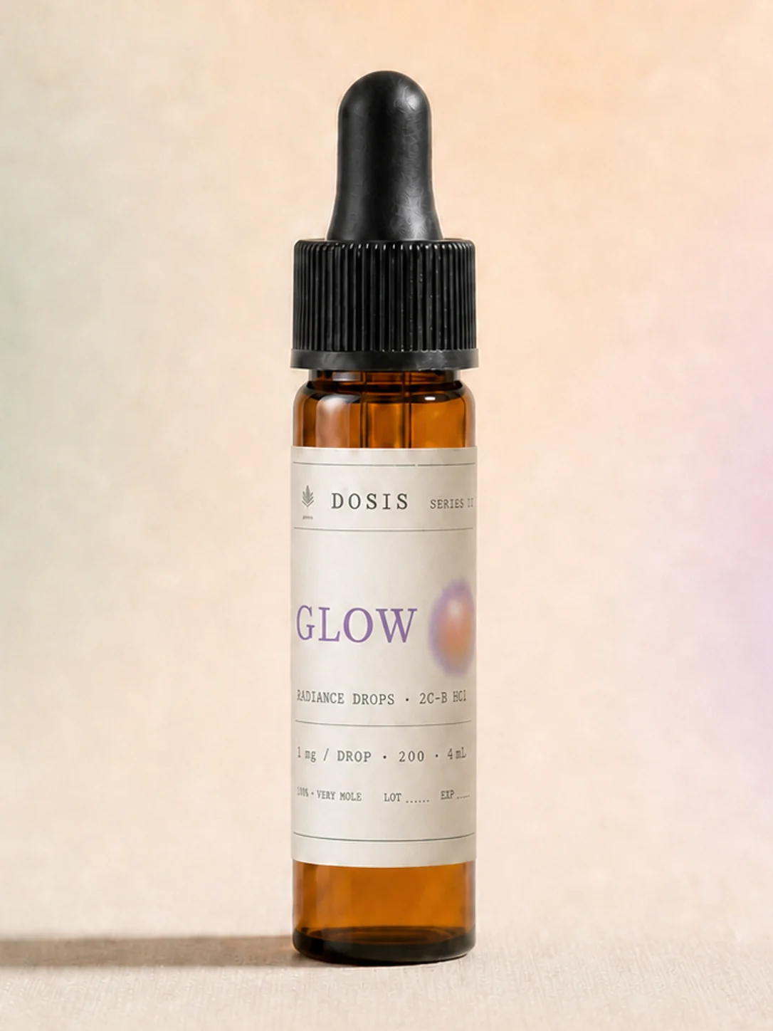 GLOW DOSIS Series II amber dropper vial with the current label design
