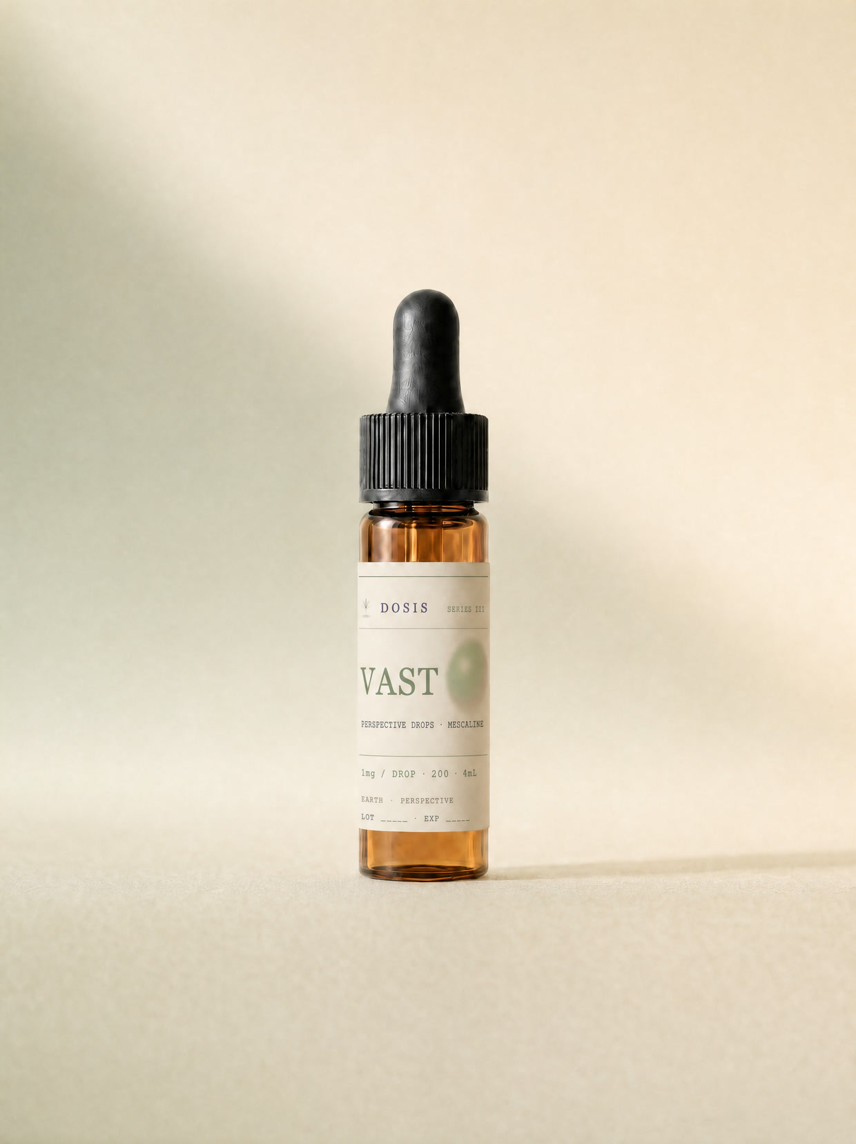 VAST DOSIS Series III 4mL amber dropper vial with the current green label