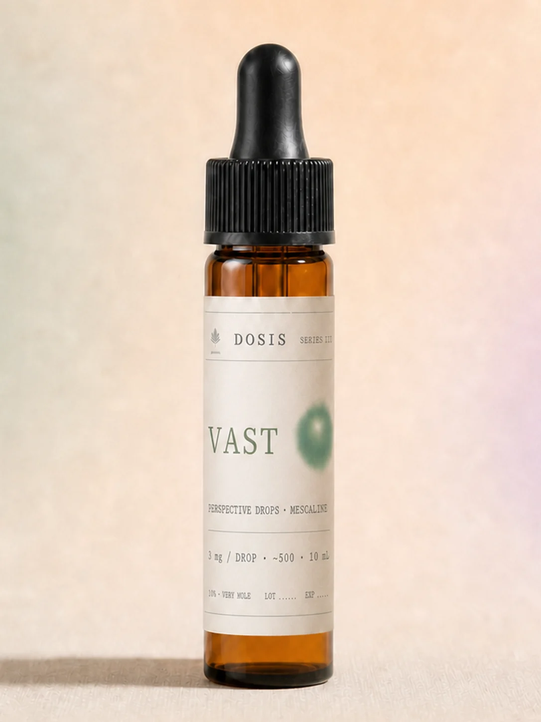 VAST DOSIS Series III 10mL amber dropper vial with the current label design