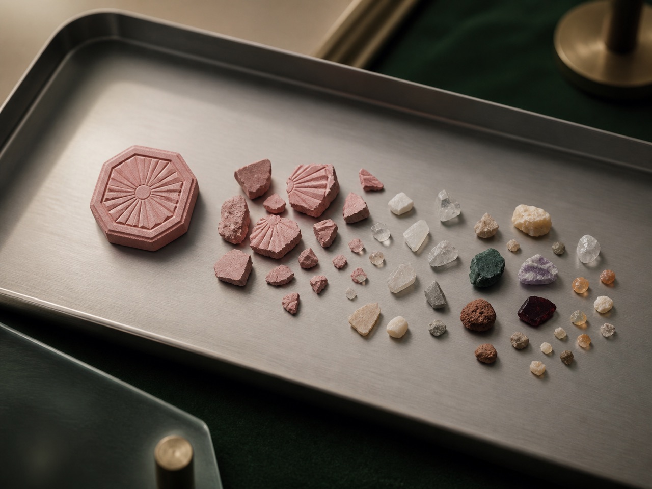 Conceptual evidence tray where one orderly rose form separates into visibly different mineral fragments