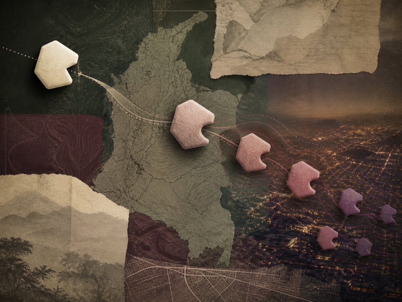 Conceptual collage of a precise form echoing into varied forms across a map-like Colombian landscape
