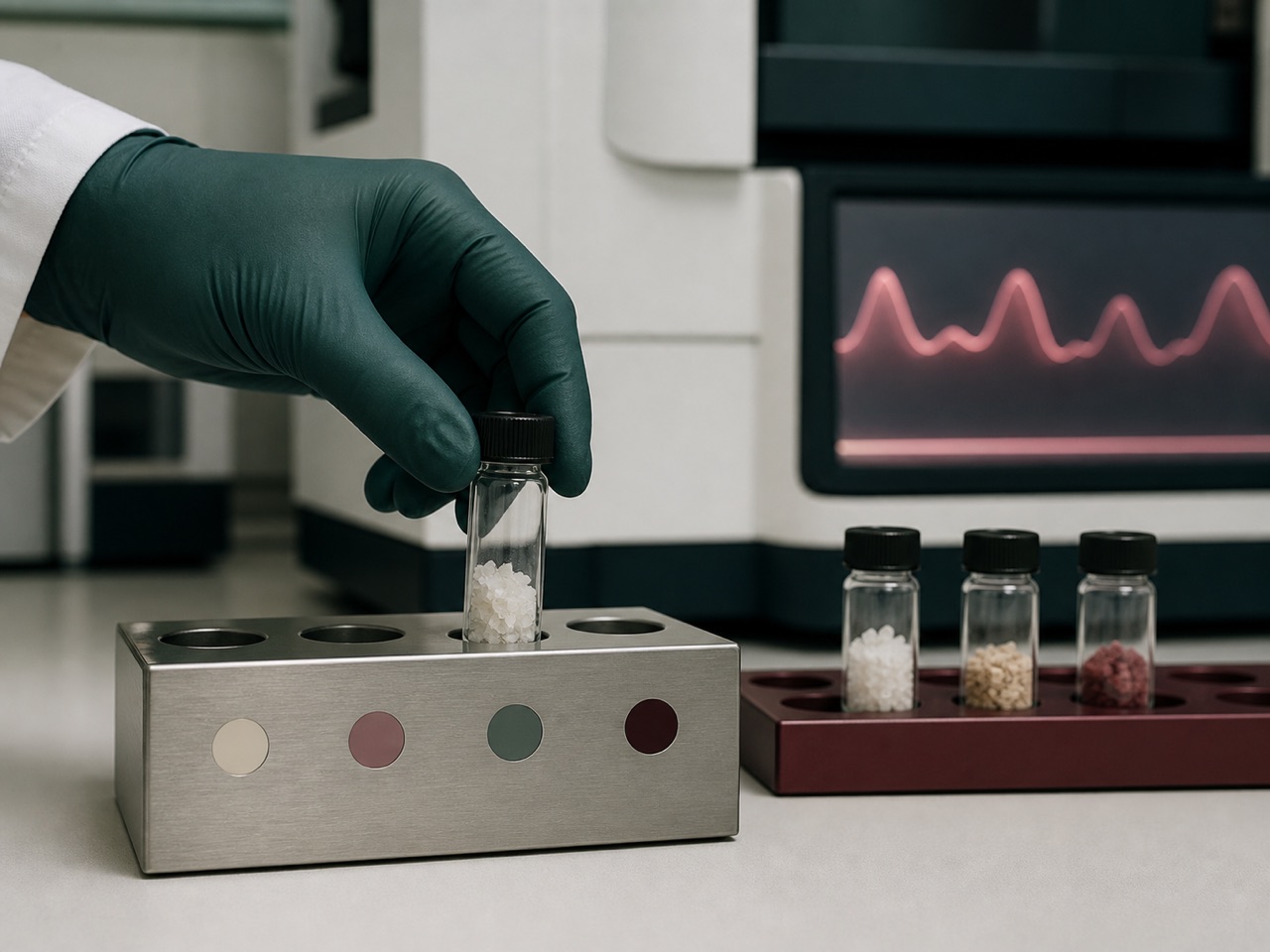 Conceptual public-health laboratory scene with a gloved analyst placing a sealed vial into an analysis rack