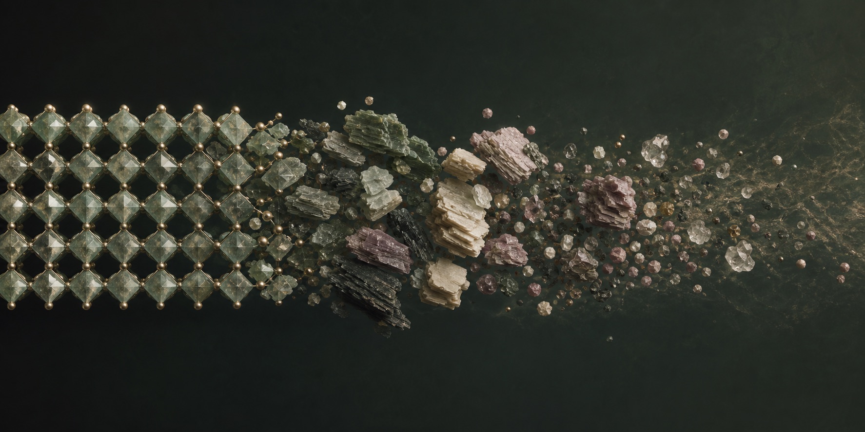 An ordered crystal lattice transitions into a scattered mix of varied fragments